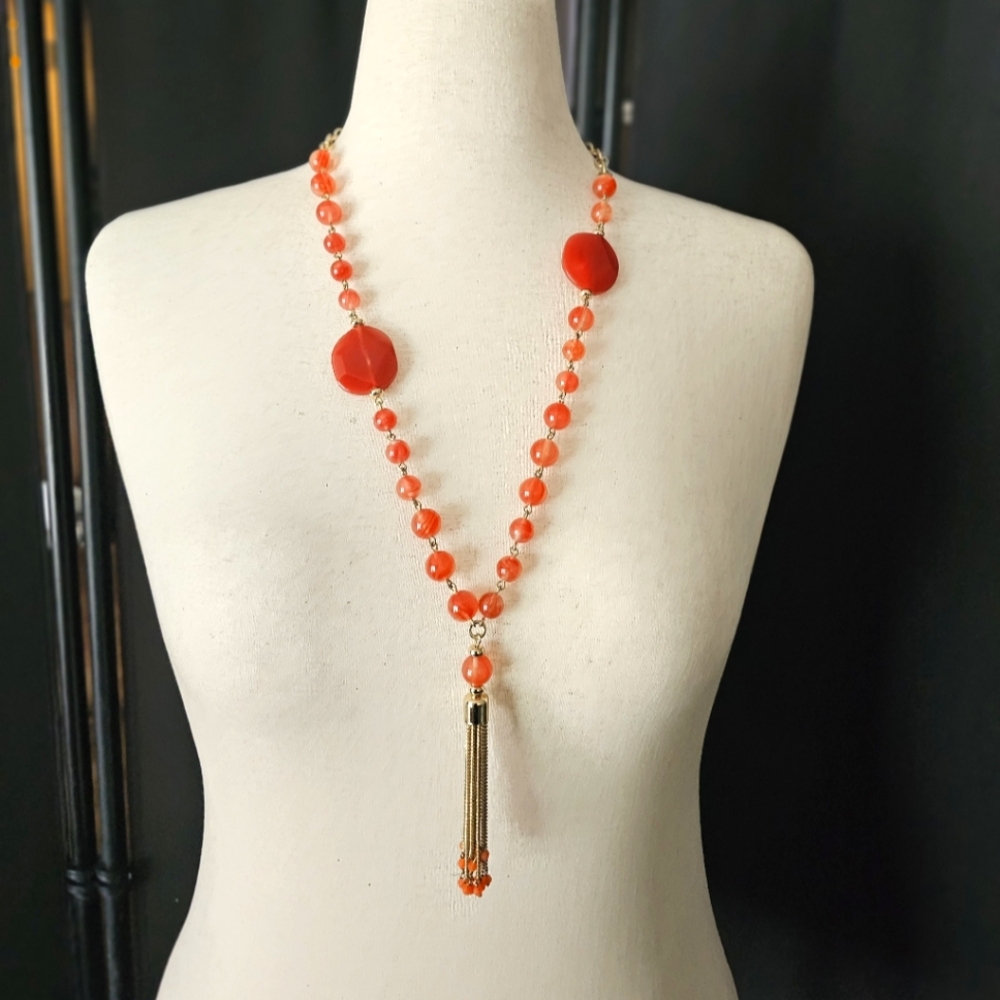 Vintage Inspired Vibrant Orange Moon Stone Gradient Beaded Necklace with Pendant